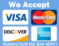 We accept Visa, Mastercard, American Express, and Discover